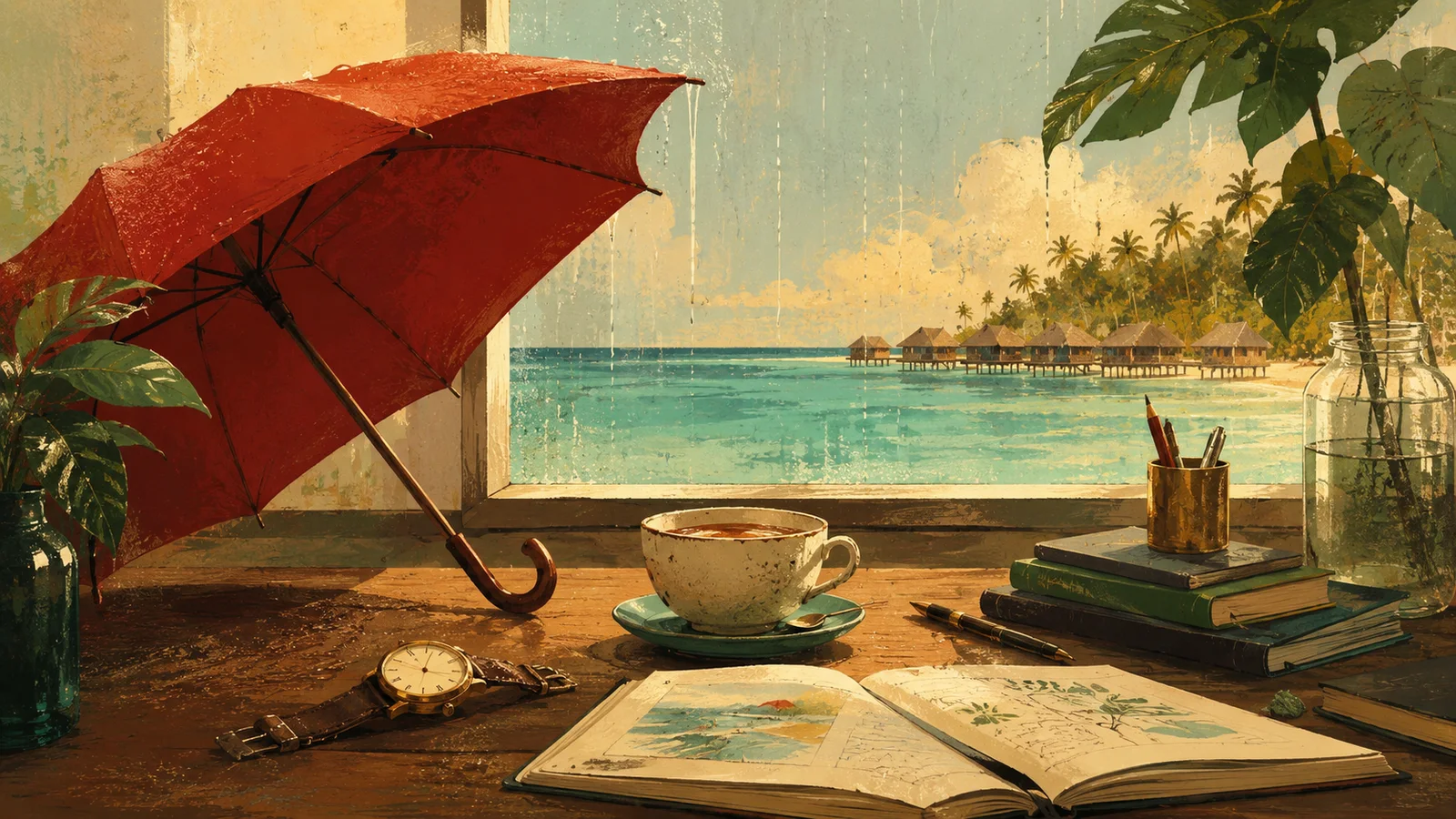 An illustrated red umbrella, watch and cup of tea beside a rainy window overlooking a Maldivian island